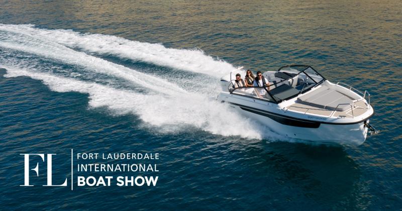 The Yamarin 80 DC is driving toward the right edge of the sea. There are three people on board. The FLIBS logo is visible in white in the lower left corner.