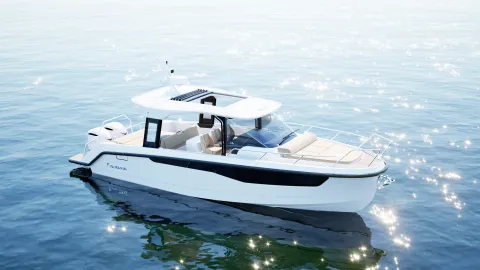 Yamarin Aura Lounge motorboat render photo in sunlight